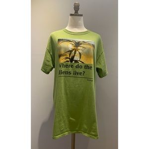 Vintage Green Stoned Age T shirt “Where do the aliens live?”